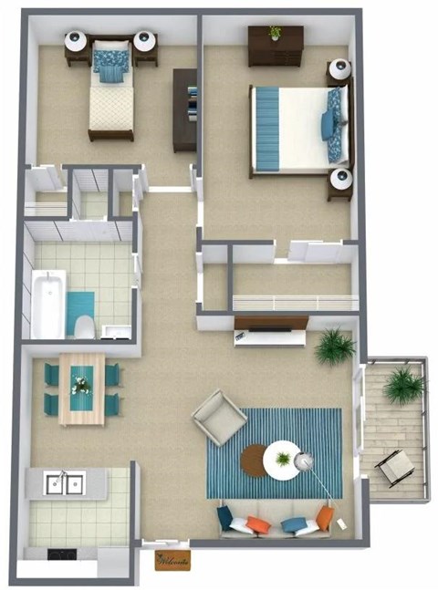 Floor plan for 2 beds, 1 bath, 700 sqft
